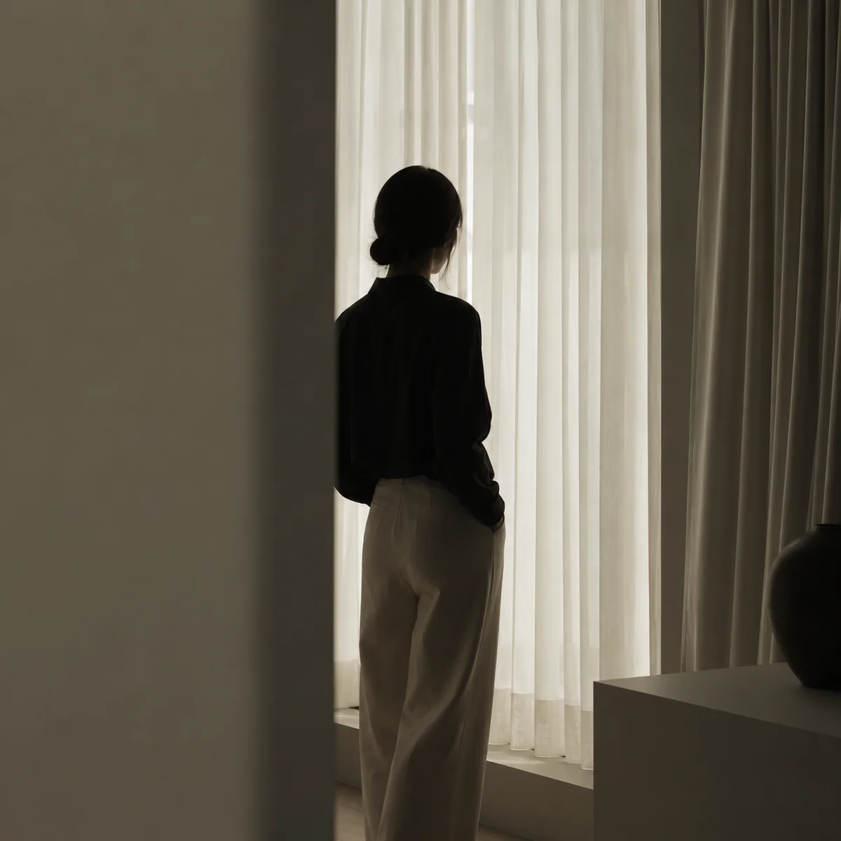 Editorial photography of a person by a window in contemplative light