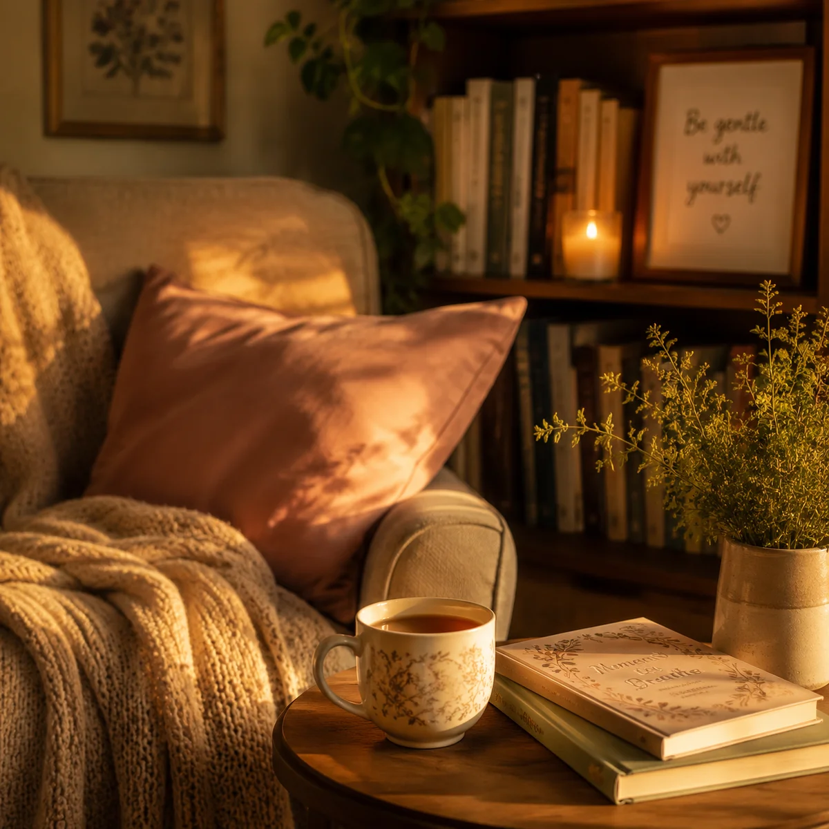 Editorial photography of a calming interior with armchair and warm lamp light