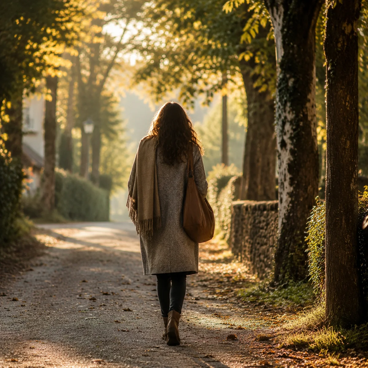 Editorial photography of a lone figure walking on a tree-lined path in evening light