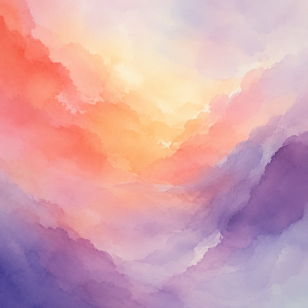 Soft abstract watercolor of dawn light breaking through clouds in coral and lavender tones