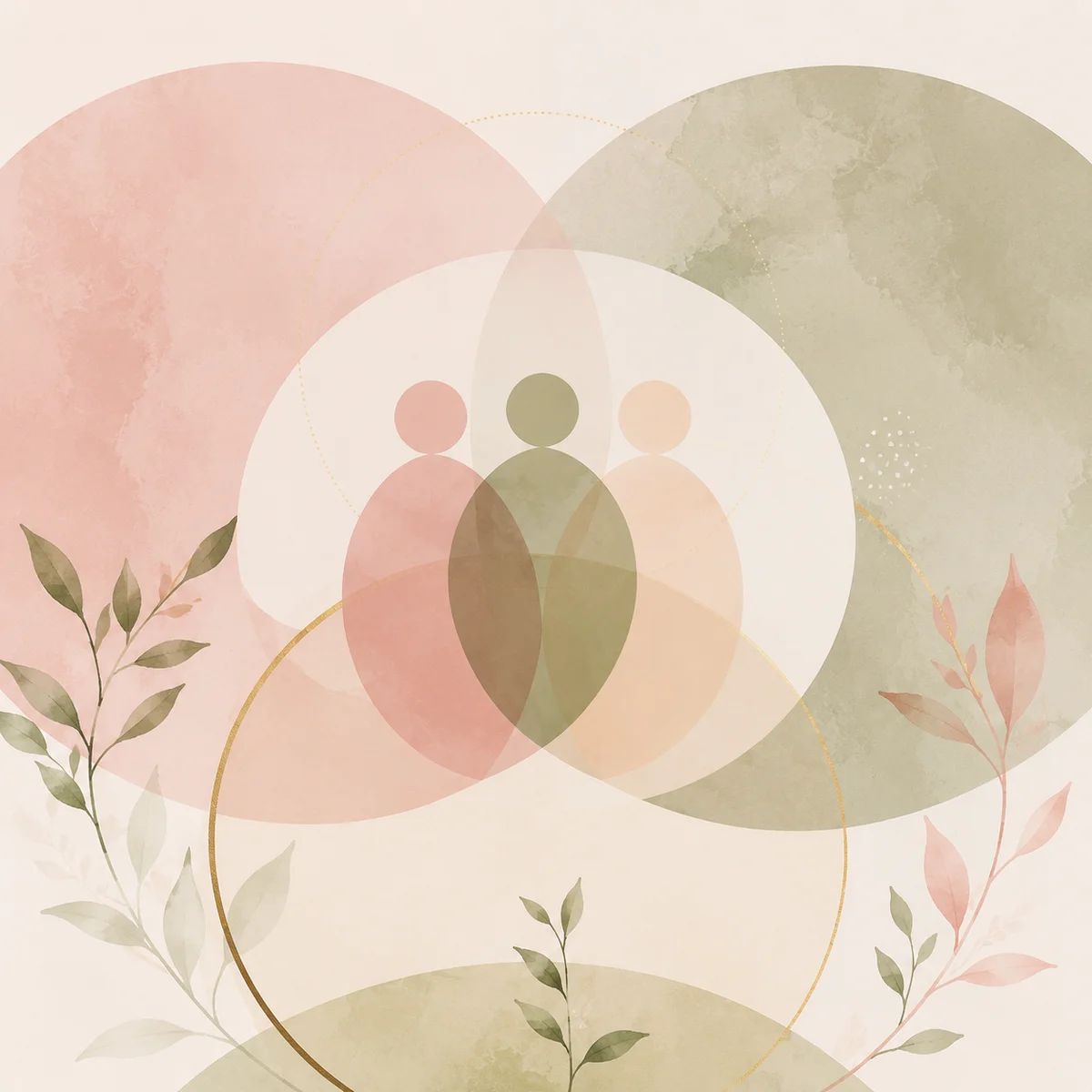 Soft abstract overlapping circles in blush, sage, and cream like intersecting lives