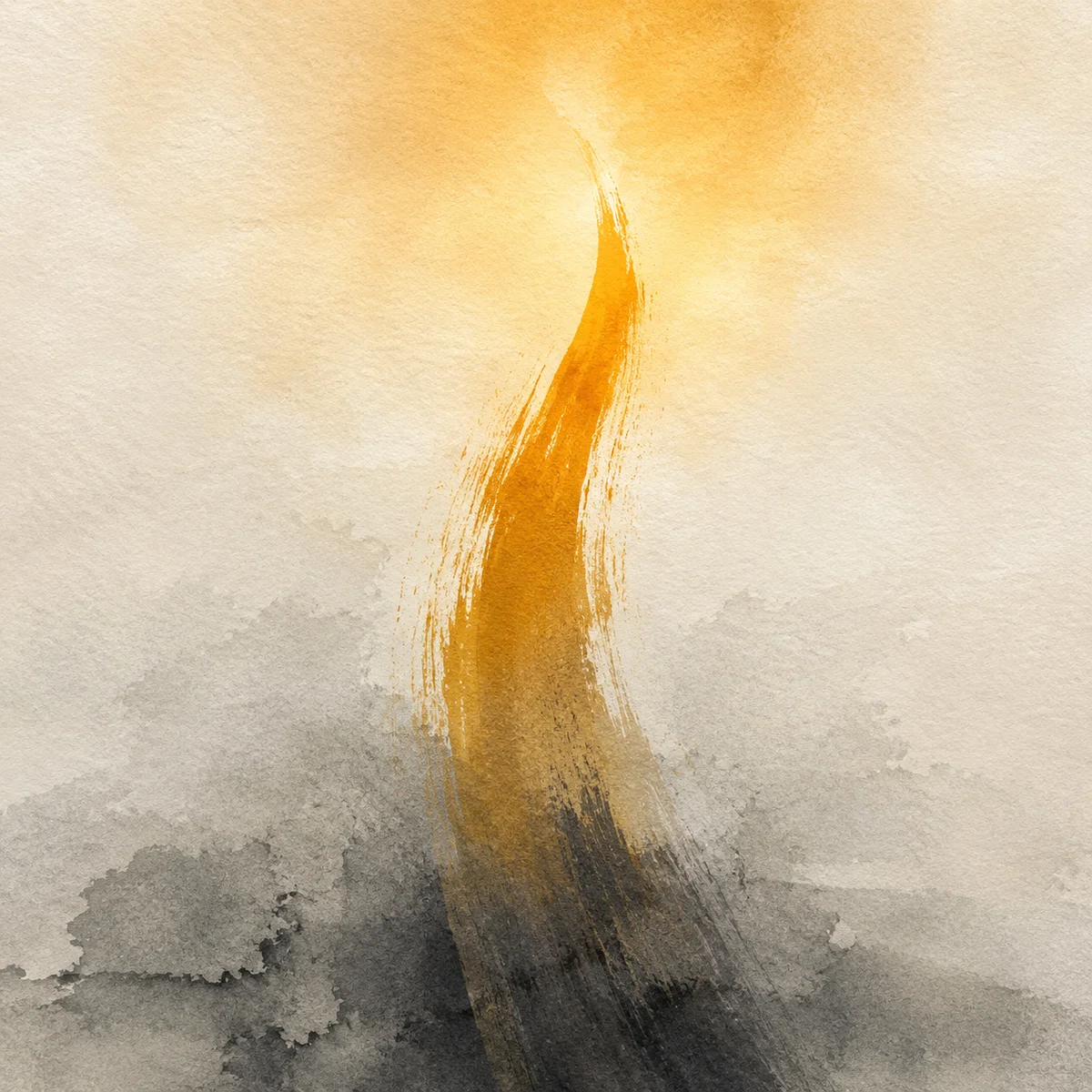 Soft abstract vertical brushstroke rising from gray into amber and gold tones
