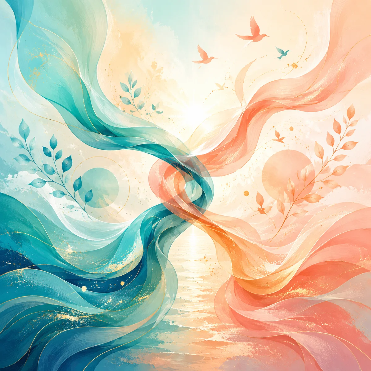 Soft abstract flowing ribbons of teal and peach intertwining and separating
