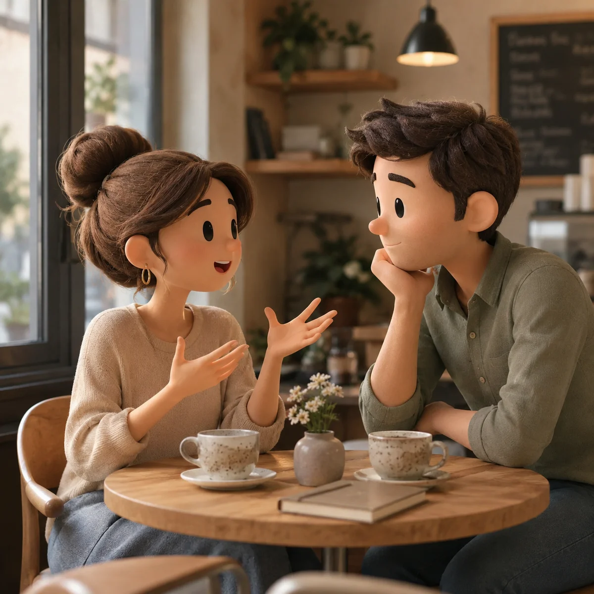 Couple having a conversation at a café, woman leading the discussion in a female-led relationship context