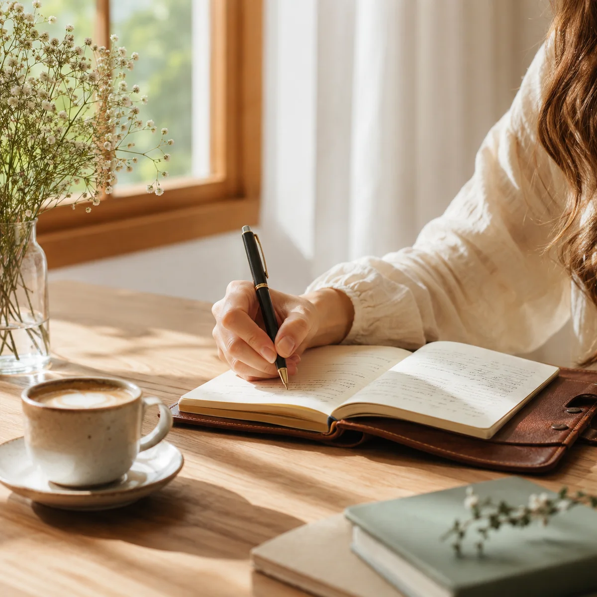 Woman writing in a journal, planning and reflecting before pursuing threesome dating