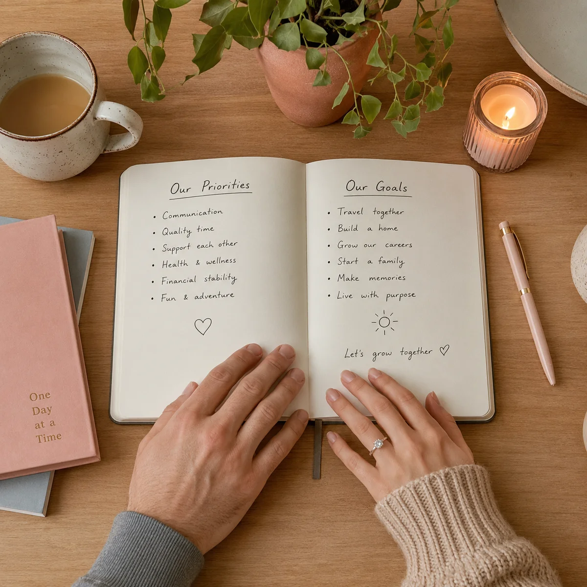 Two hands on an open notebook with handwritten communication guidelines, symbolizing shared planning