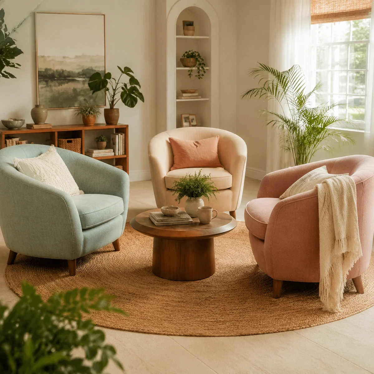 Three chairs arranged in a circle in a bright living room, symbolizing inclusive communication space