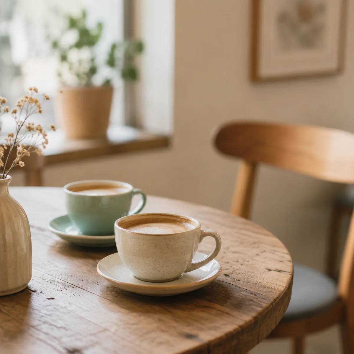 Two coffee cups on a table with an empty third chair visible in background, symbolizing openness to a third