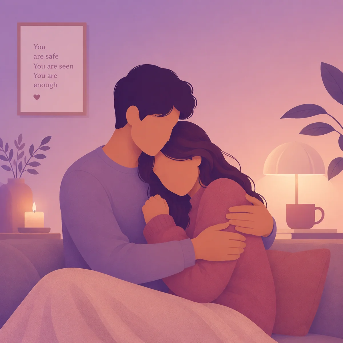 Couple sharing emotional aftercare following cuckold dating experience