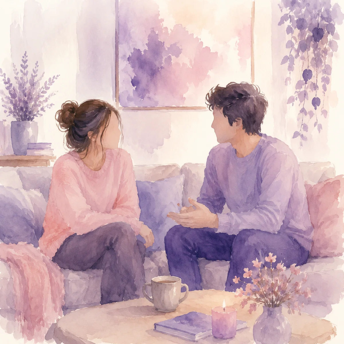 Watercolor illustration of couple having deep conversation on couch