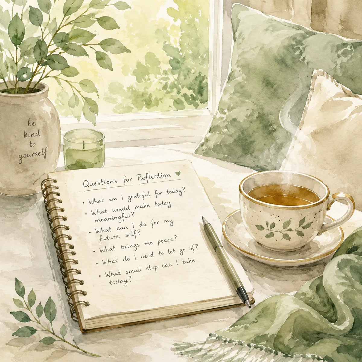 Watercolor illustration of notebook with questions and tea cup