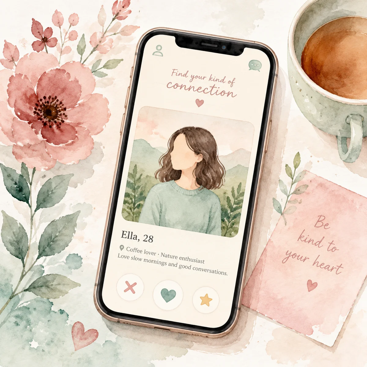 Watercolor illustration of smartphone with dating app and botanical elements