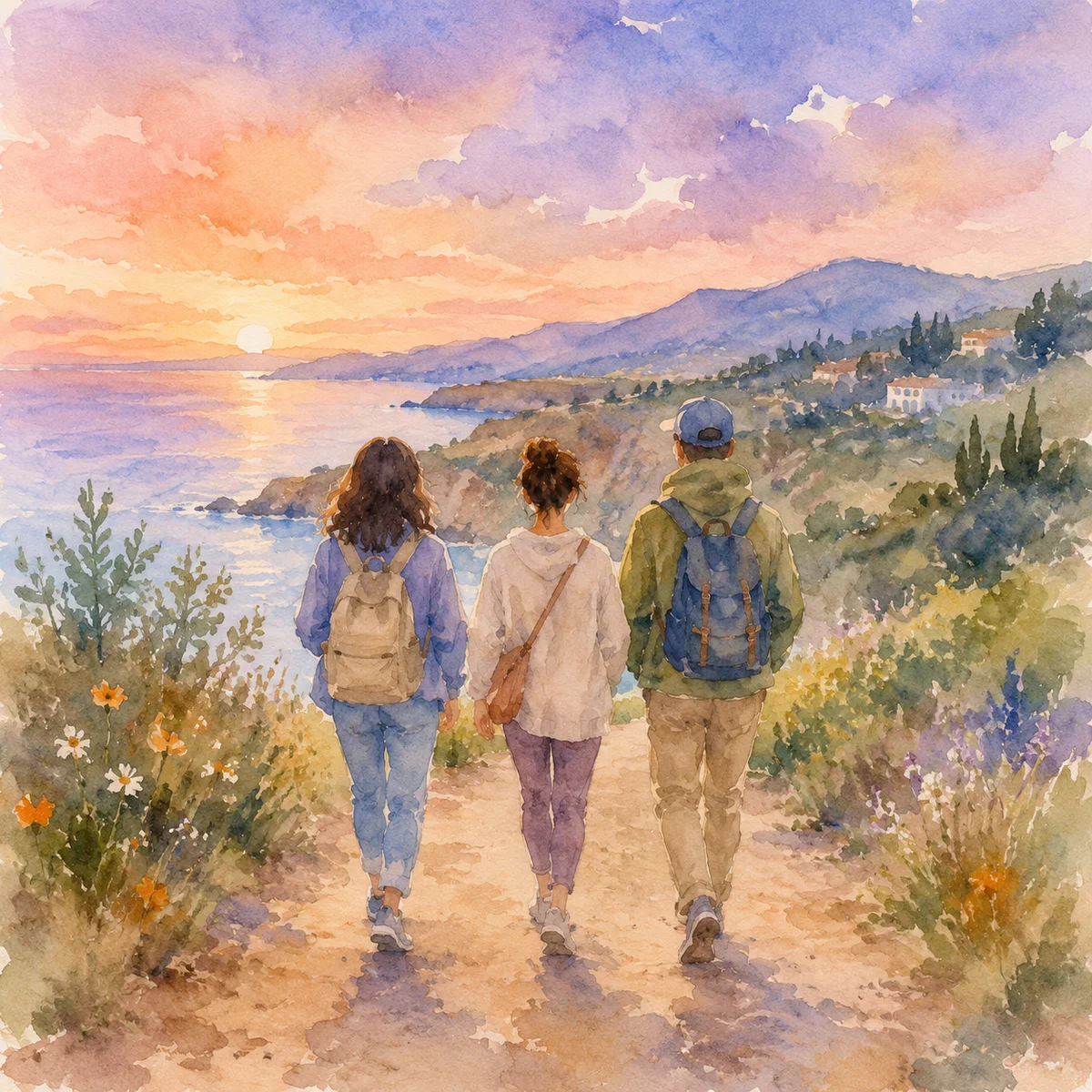 Watercolor illustration of three figures walking scenic path together