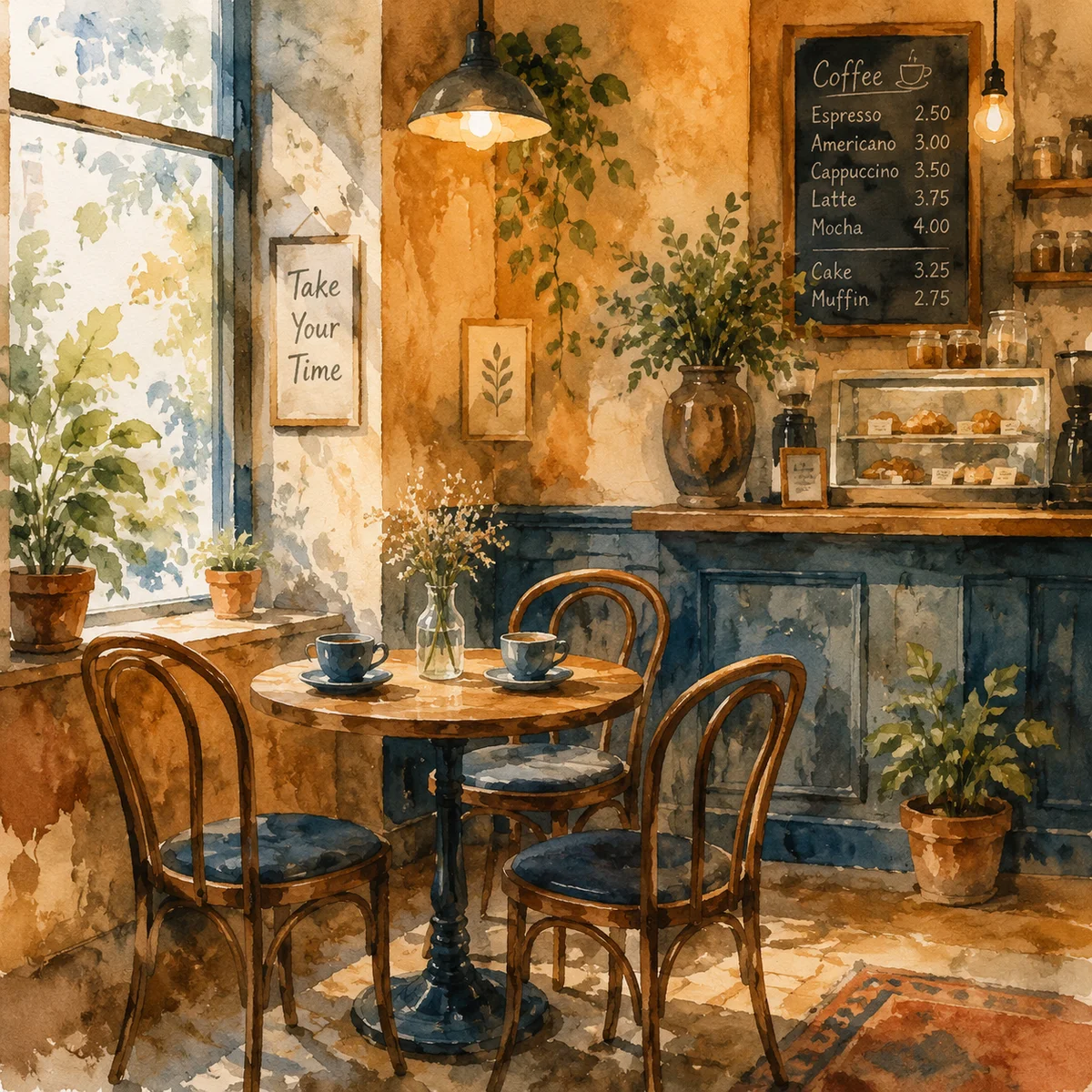 Watercolor illustration of cozy cafe with warm ambient light