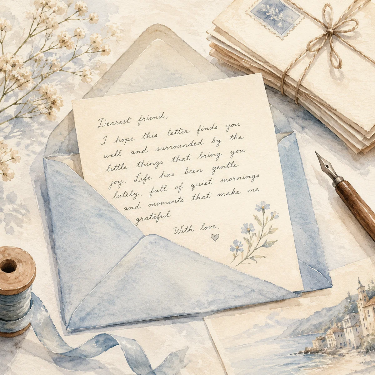 Watercolor illustration of open envelope with handwritten letter