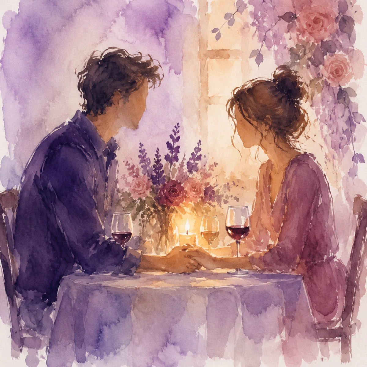 Couple holding hands across a dinner table discussing first time cuckold dating expectations
