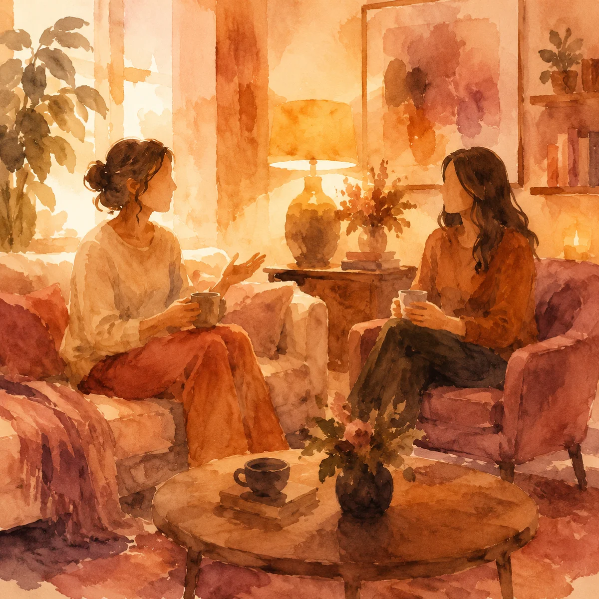 Two people having an honest conversation in a living room about cuckold dating boundaries