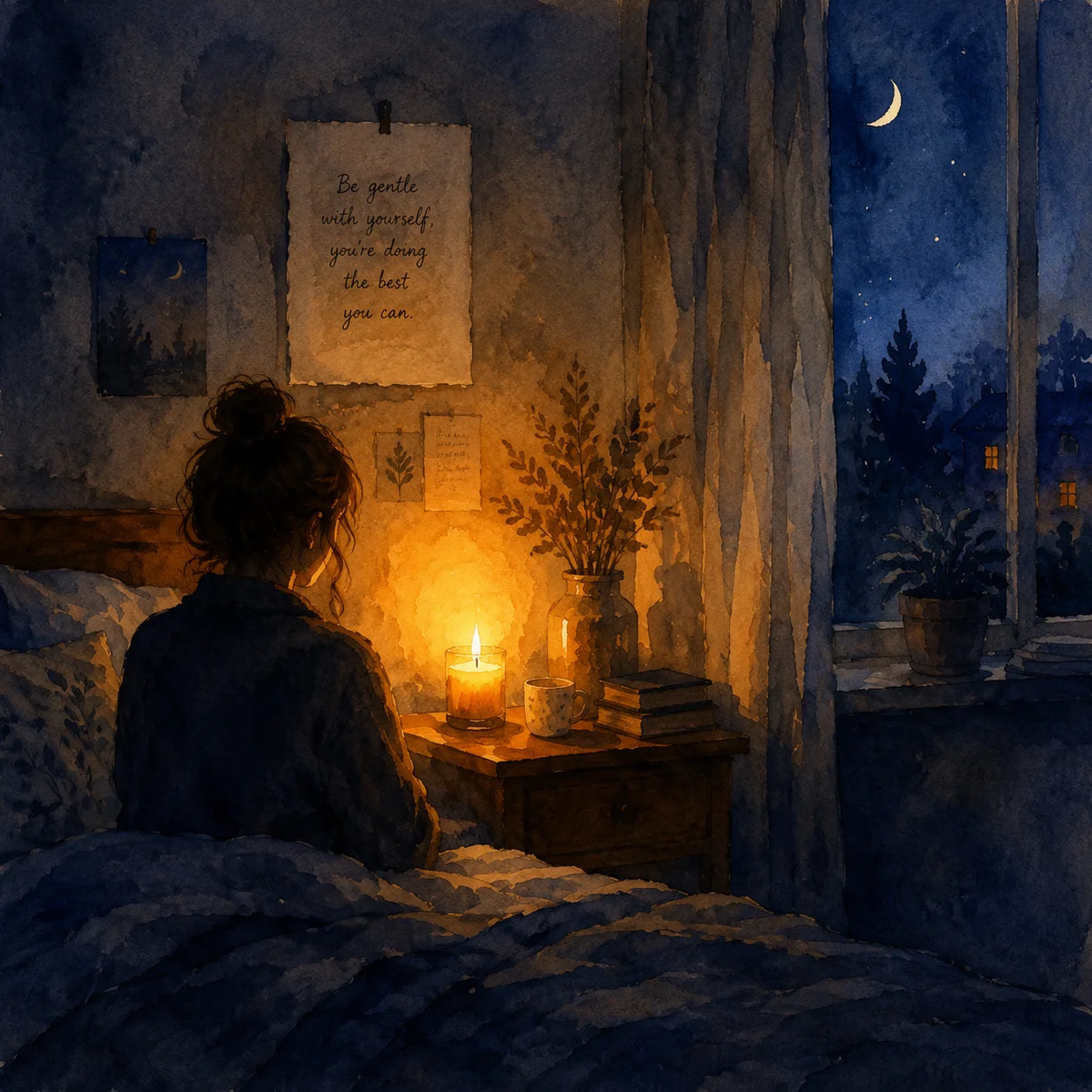 A lit candle on a bedside table symbolizing intimate reflection after a first cuckold experience