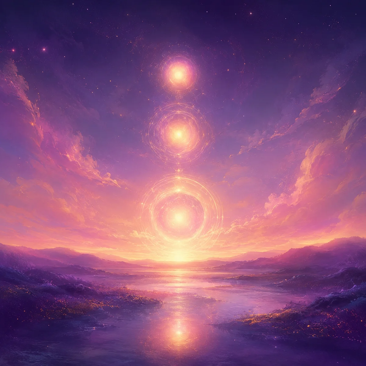 Abstract twilight landscape with three glowing orbs representing emotional connection in gay throuple dating