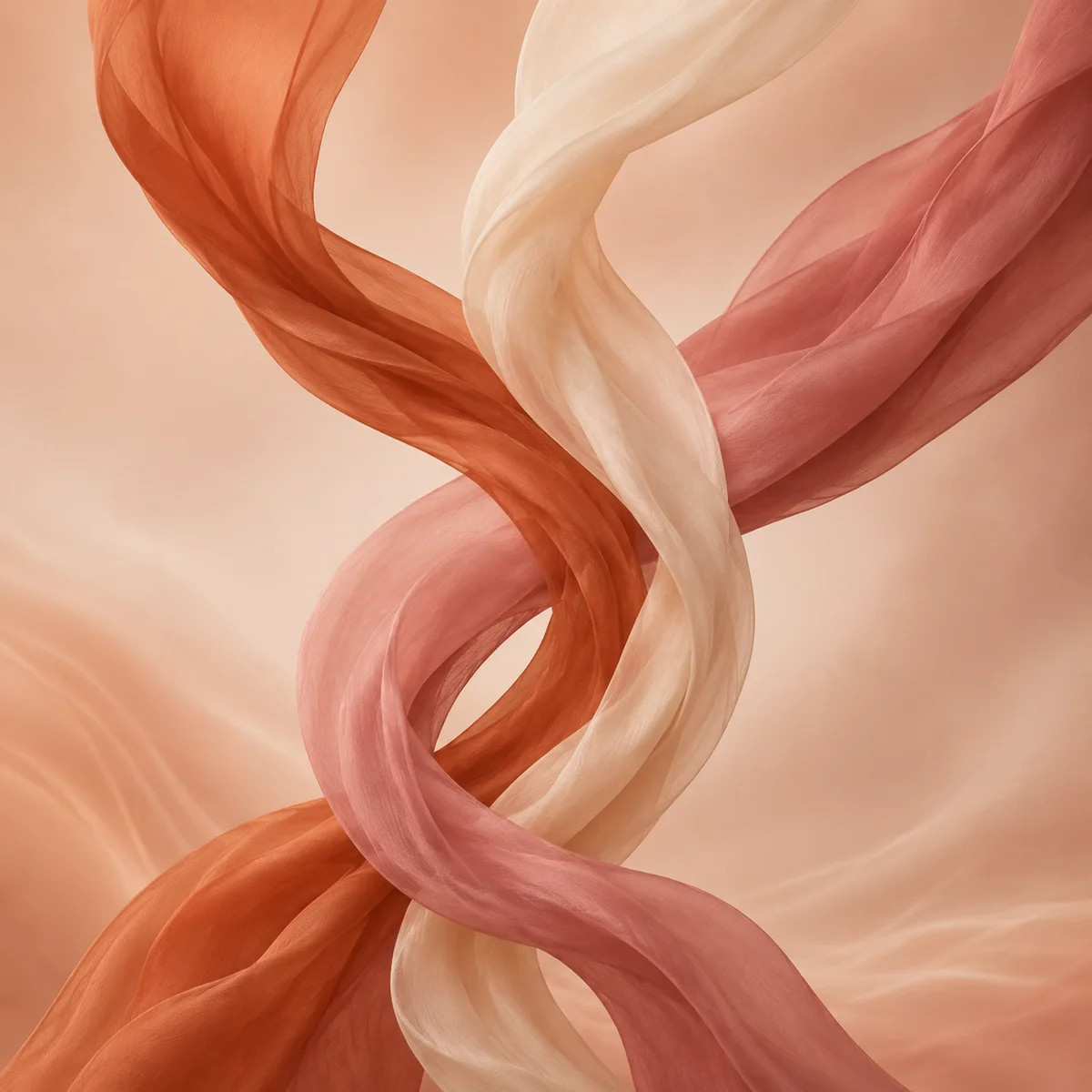 Intertwined silk ribbons in warm tones representing shared journey in gay throuple dating