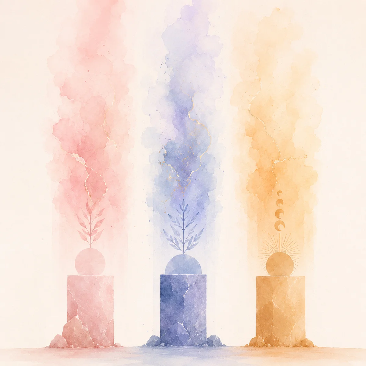Three abstract pillars transitioning from solid to ethereal representing growth in gay throuple relationships