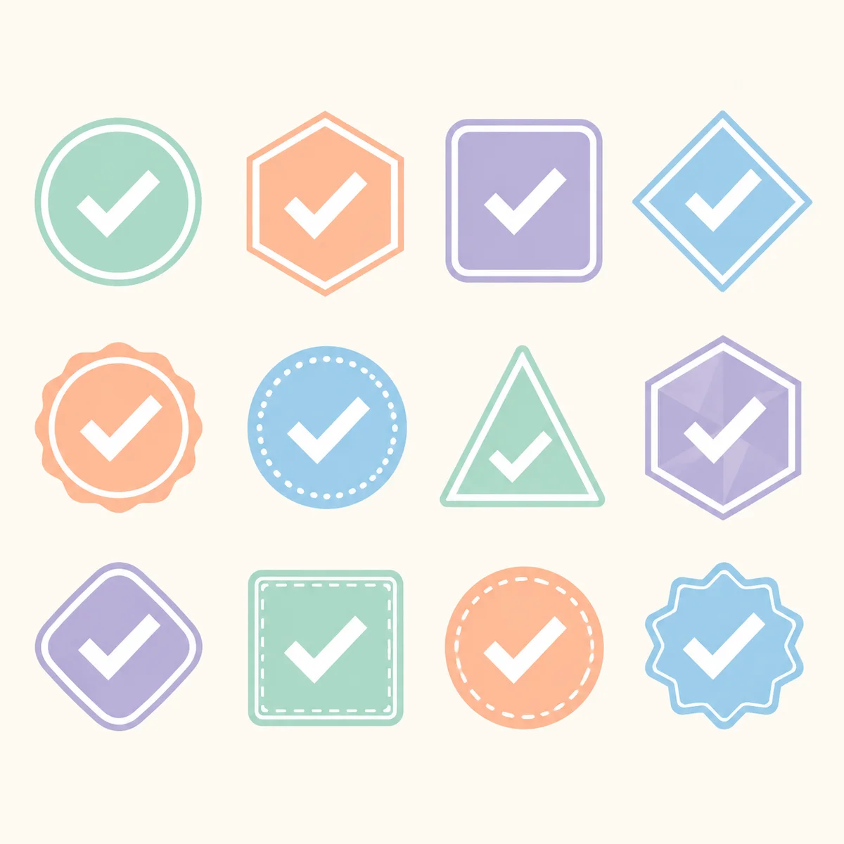 Twelve checkmark icons in pastel geometric grid representing green flags in unicorn dating