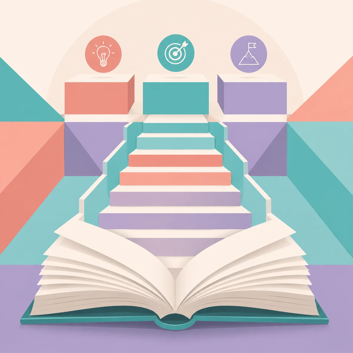 Open book becoming steps toward three equal platforms, geometric illustration