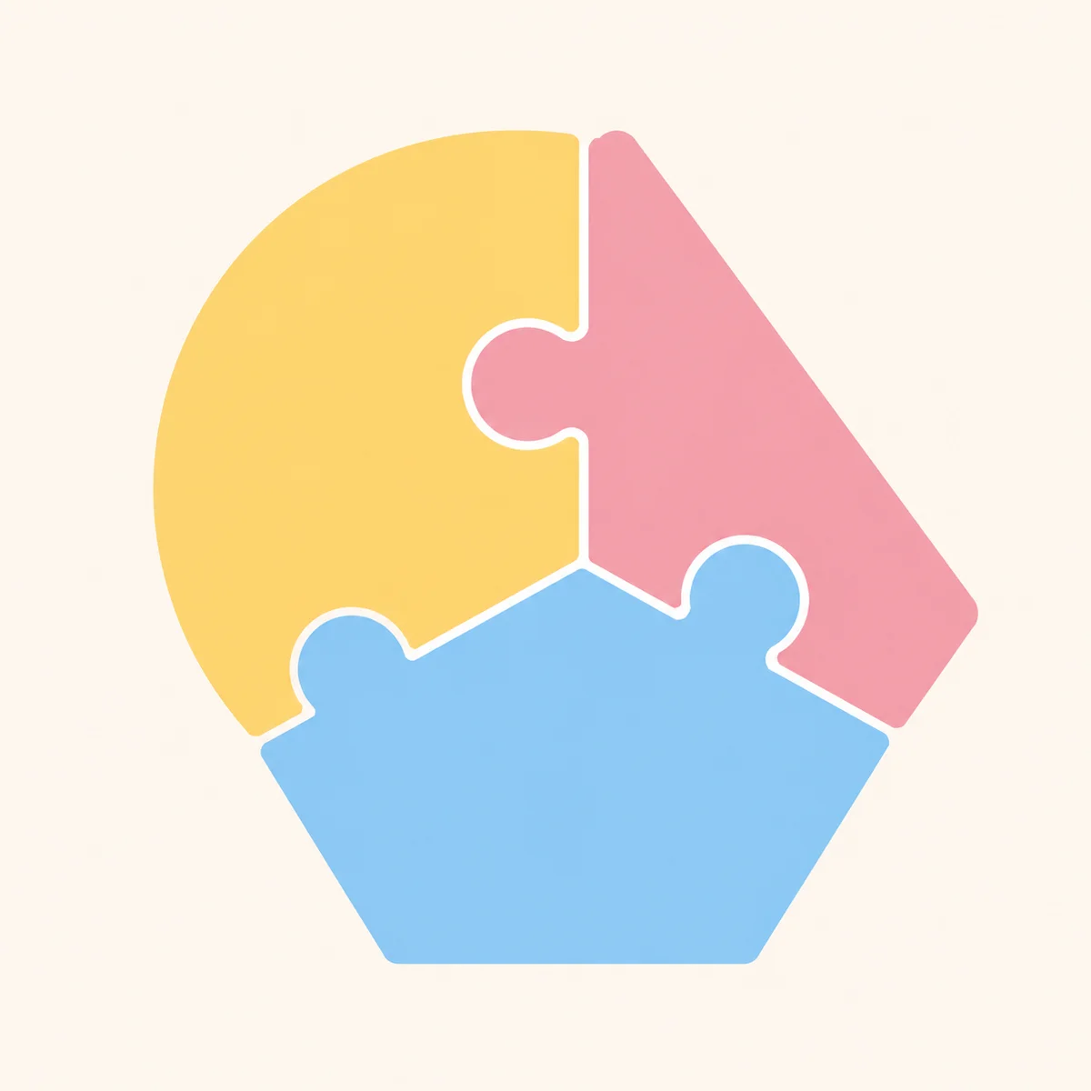 Three puzzle pieces fitting together as circular, triangular, and hexagonal forms