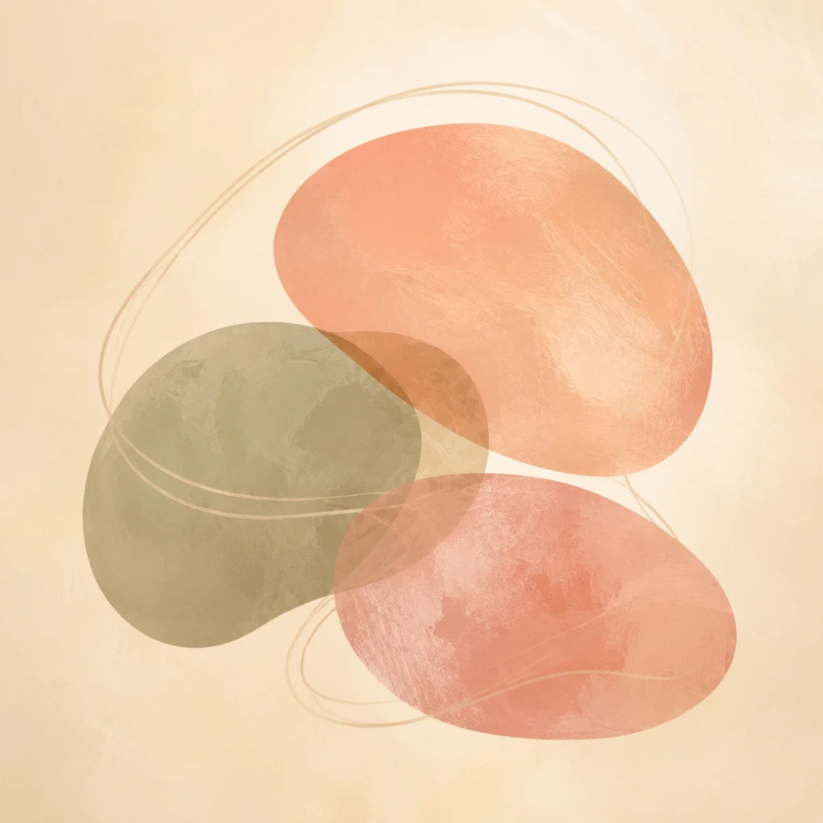 Soft abstract composition of three gentle shapes in warm tones, suggesting calm conversation rhythm