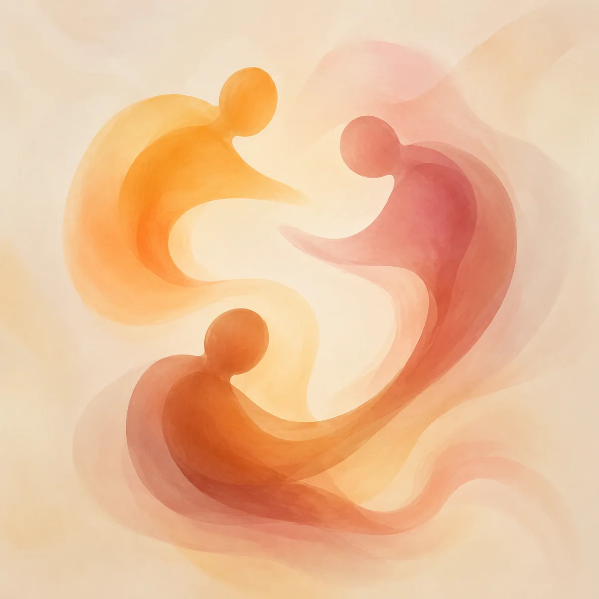Soft abstract image of three gentle shapes shifting slightly apart then back together, warm transitional tones