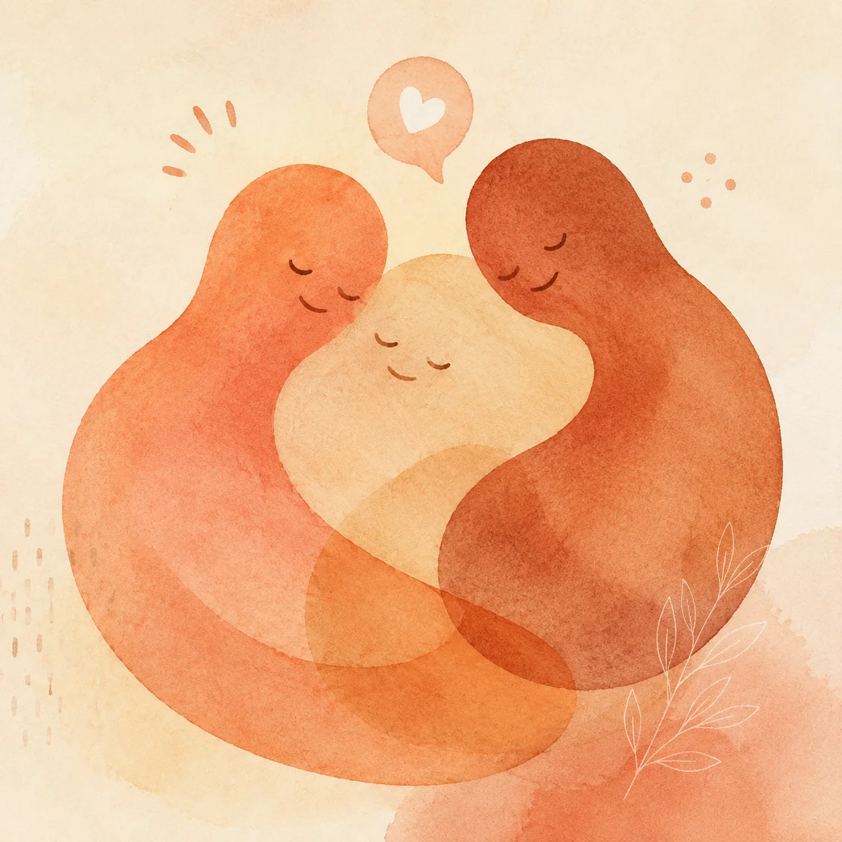 Soft abstract illustration of three warm shapes merging gently, representing shared humor and connection after vulnerability