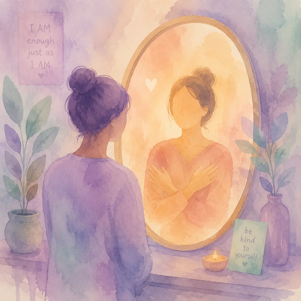 Abstract mirror reflection with soft pastel watercolor style representing self-compassion