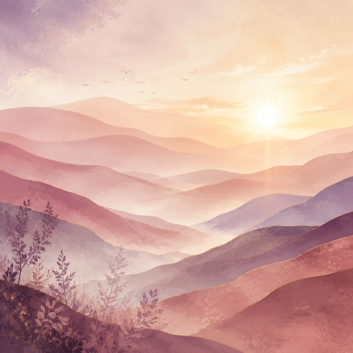 Abstract dawn landscape with layered pastel hills representing healing journey