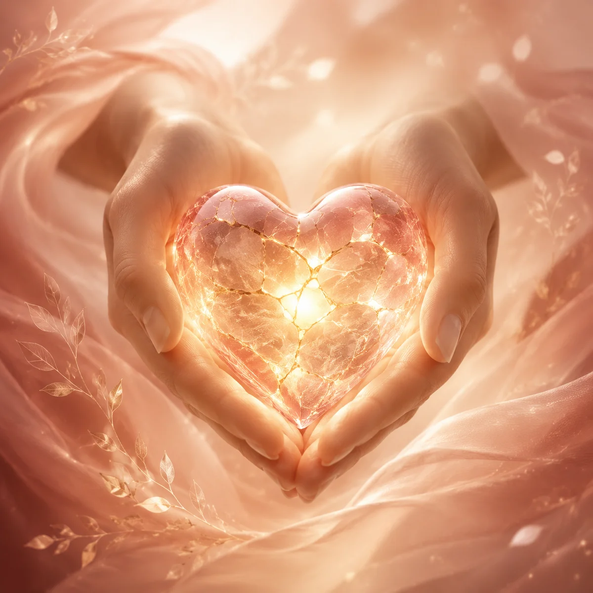 Abstract hands holding healing heart with golden light, symbolic of emotional repair