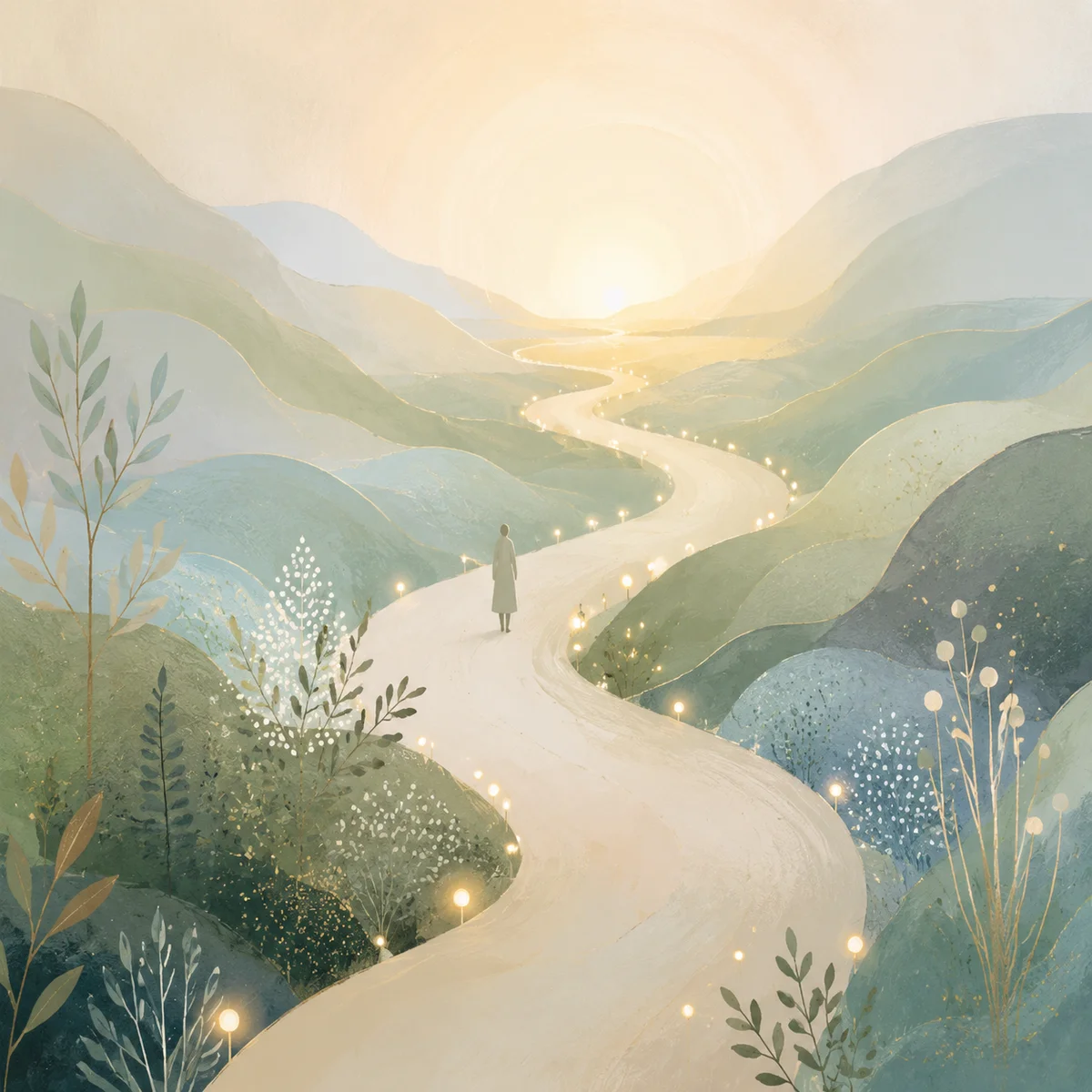 Abstract path through pastel landscape toward warm horizon, representing ongoing self-acceptance