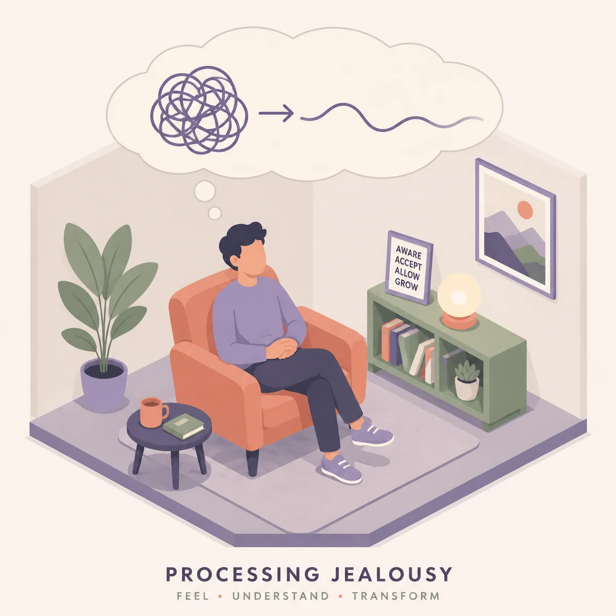Isometric illustration of a person processing emotions with a thought bubble