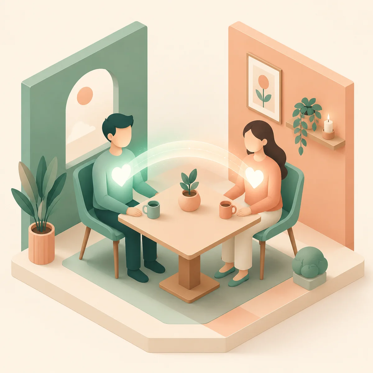 Isometric illustration of two people communicating across a table with a bridge of light