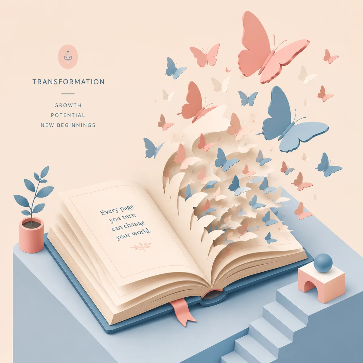 Isometric illustration of an open book with pages turning into butterflies