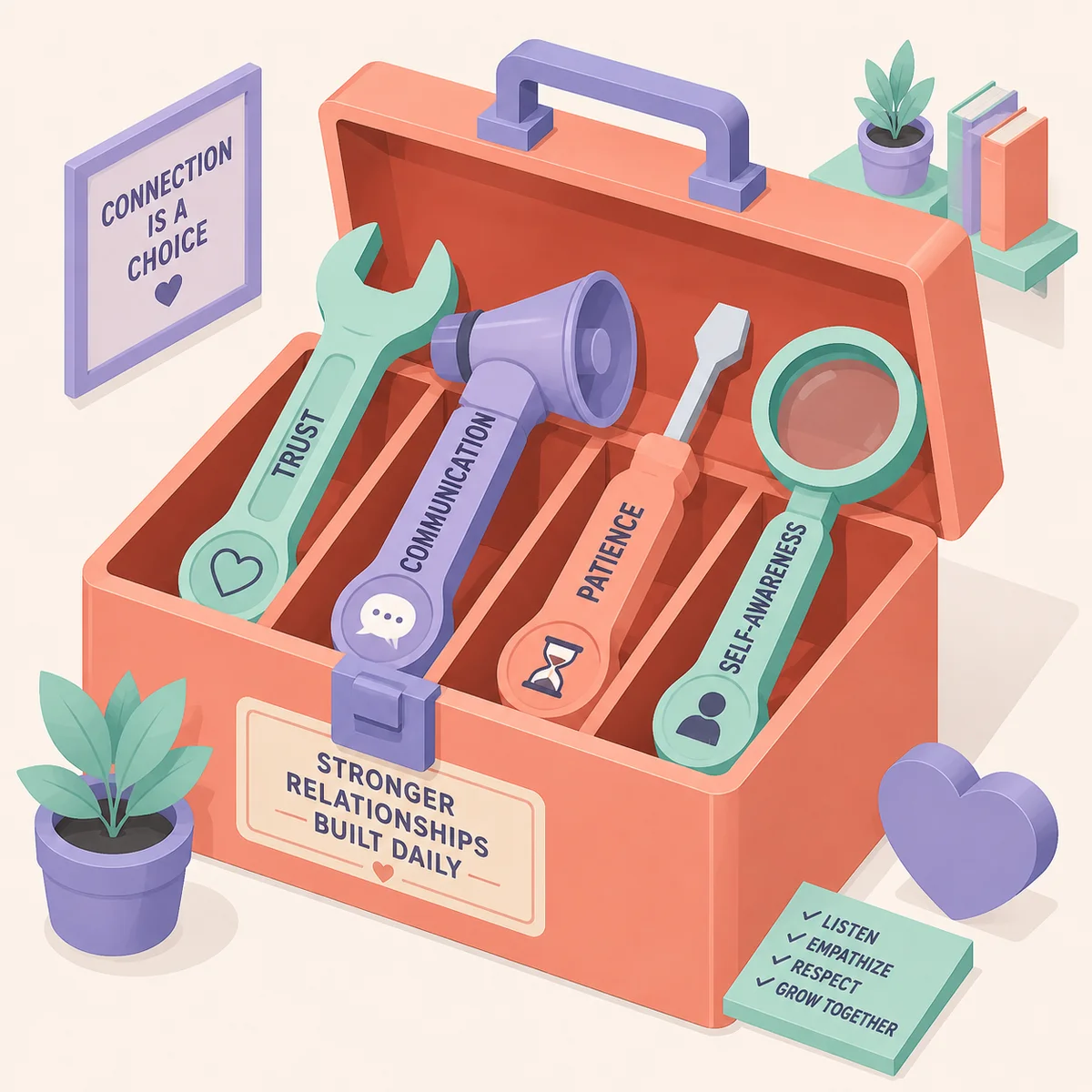 Isometric illustration of a toolbox with emotional management tools