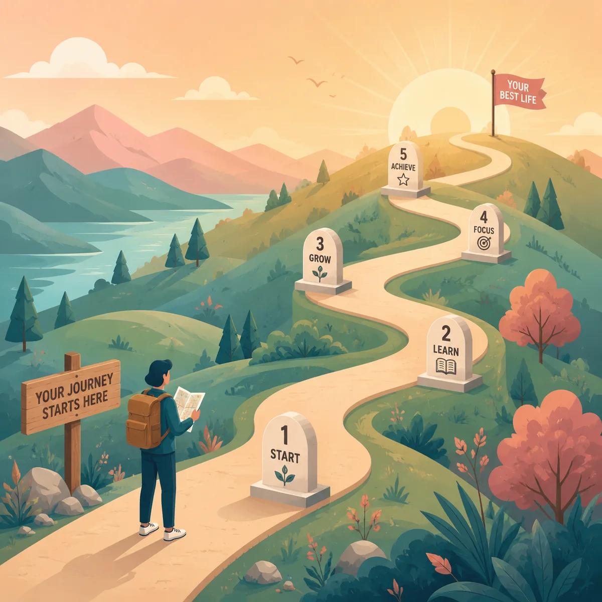 Isometric illustration of a winding path toward a sunrise