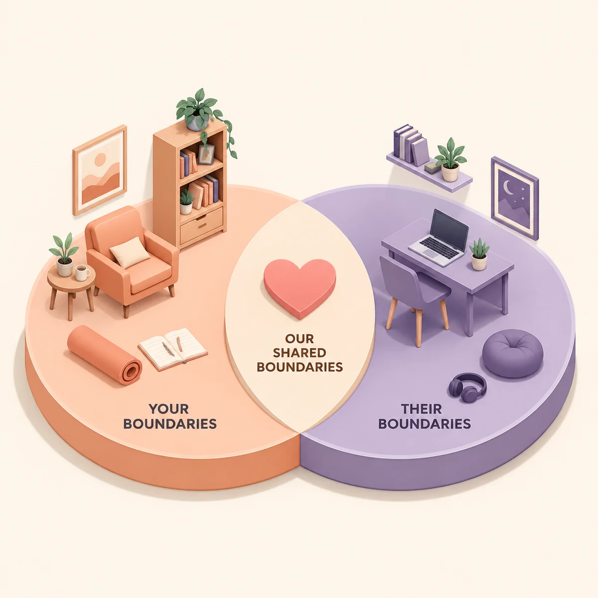 Isometric illustration of overlapping circles with a heart at the intersection