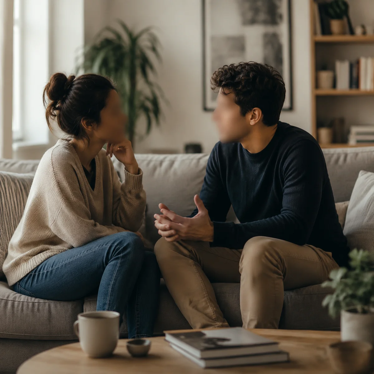 Couple having honest conversation about insecurity in modern living room editorial photo