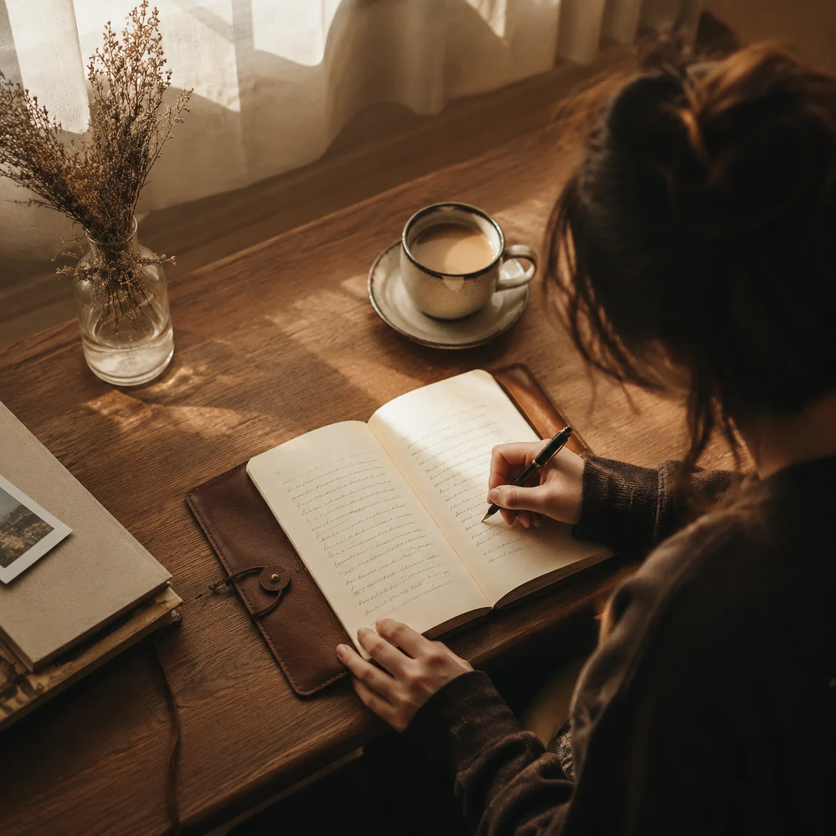 Person journaling at wooden table with morning light for self-reflection editorial photo