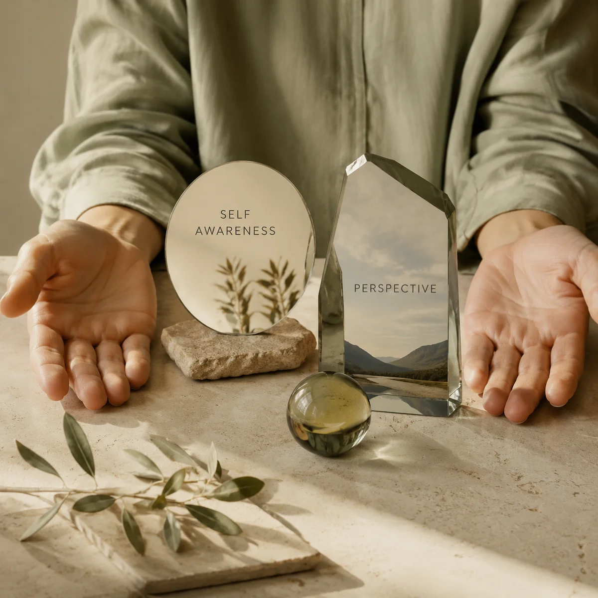 Two hands with reflective objects representing self-awareness conceptual editorial photo