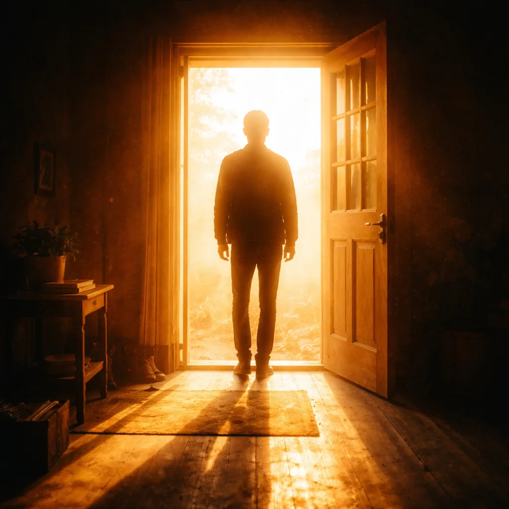 Open doorway with light symbolizing transition from insecurity to confidence editorial photo