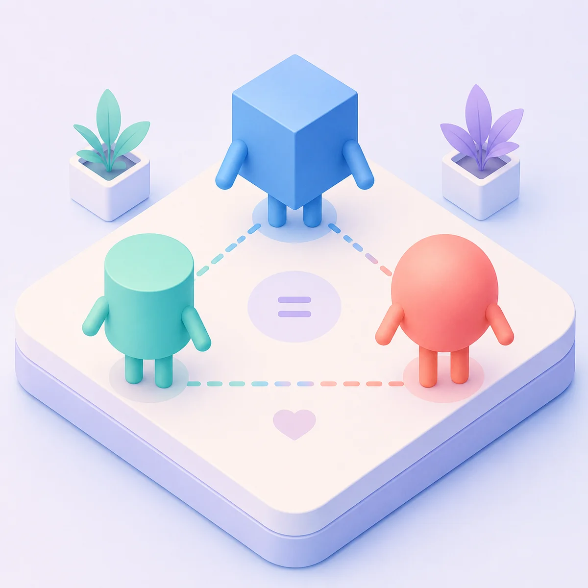 Isometric illustration of three figures in balanced triangular formation representing equality