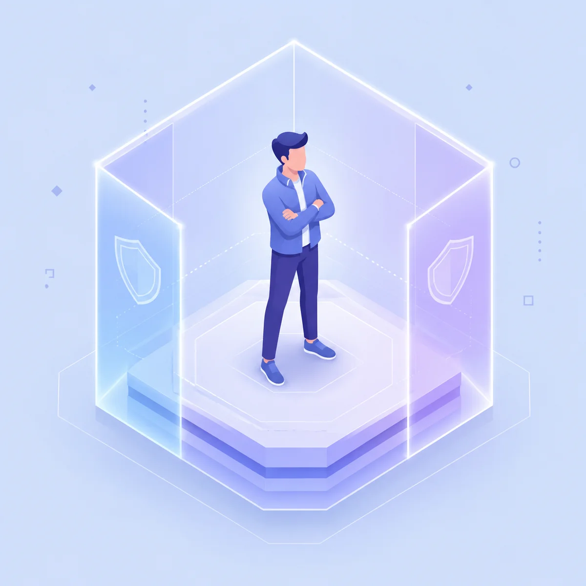 Single figure with translucent geometric shield boundary in isometric illustration