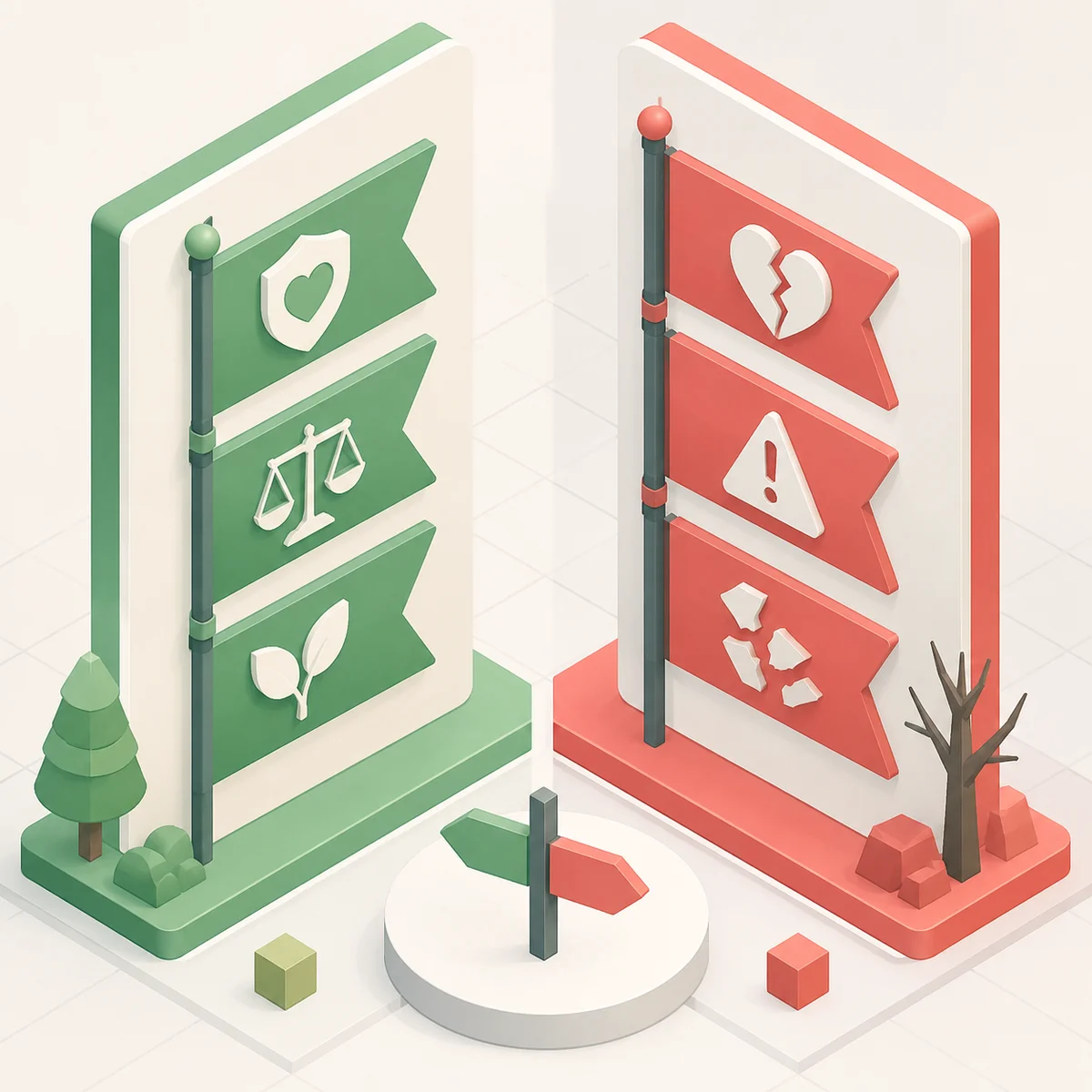 Isometric illustration of green flags and red flags comparison panels