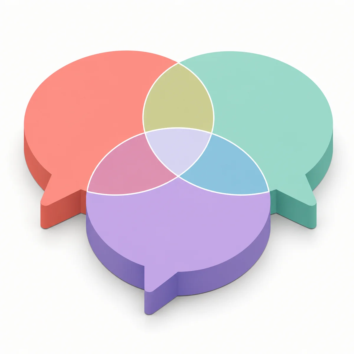 Three overlapping speech bubbles in isometric Venn diagram style