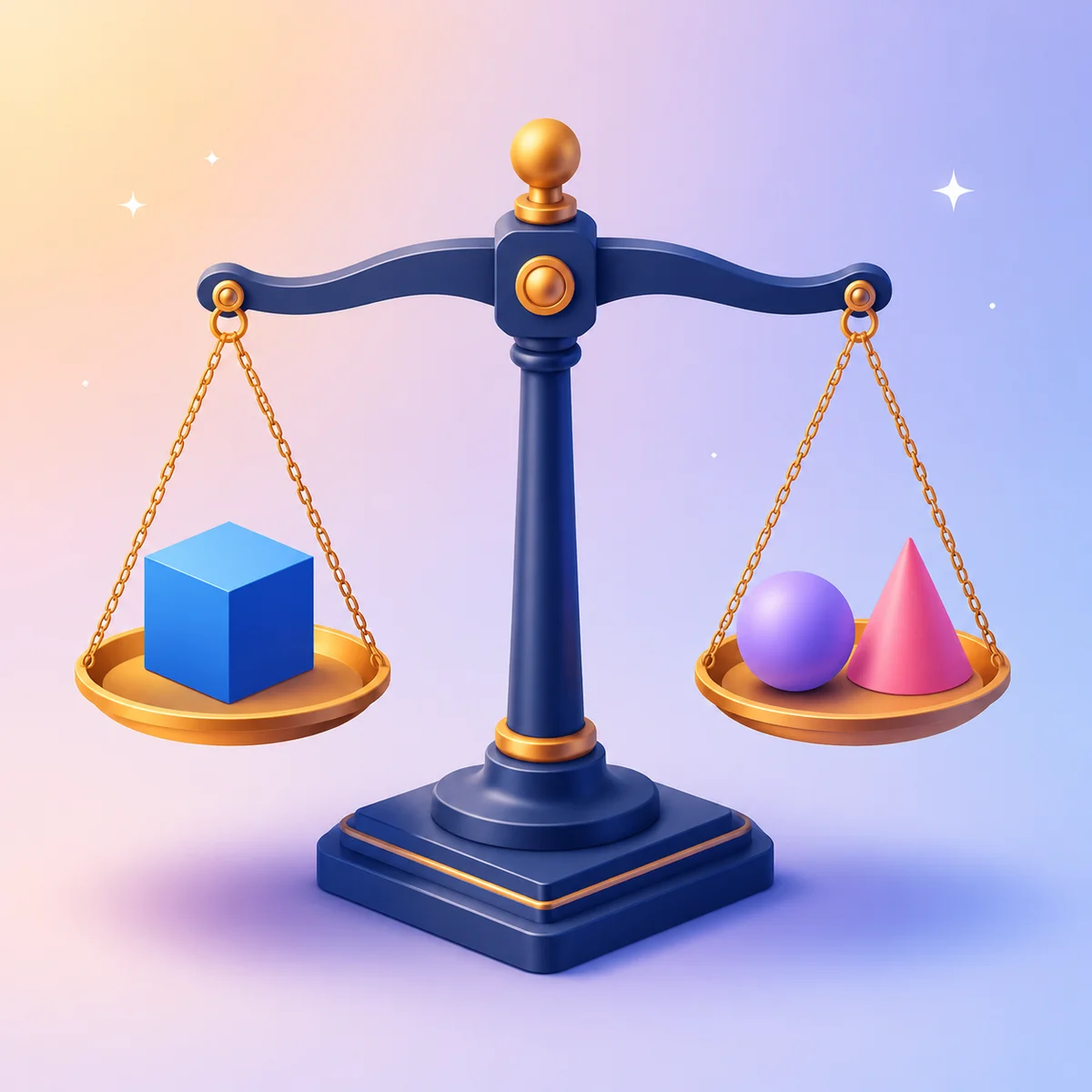 Balance scale with single figure and pair at equal height in isometric illustration